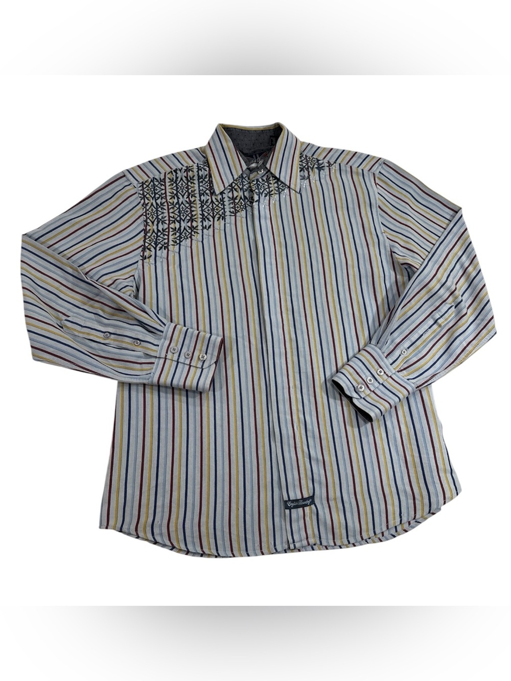 English Laundry Mens M Shirt Multi Color Stripe Hand Sewn Embroidered Crest